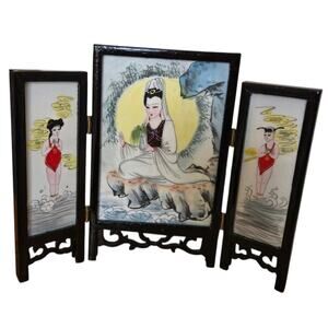 Vtg Asian Double‎ Sided Folding Screen Hand Painted Panels Wood Tabletop Decor